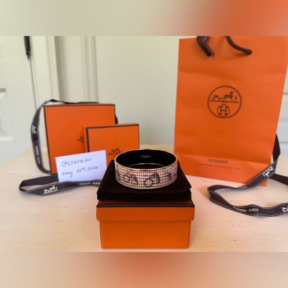 Hermes Wide Enamel Bangle with Horse Motif and Gold-Plated Hardware